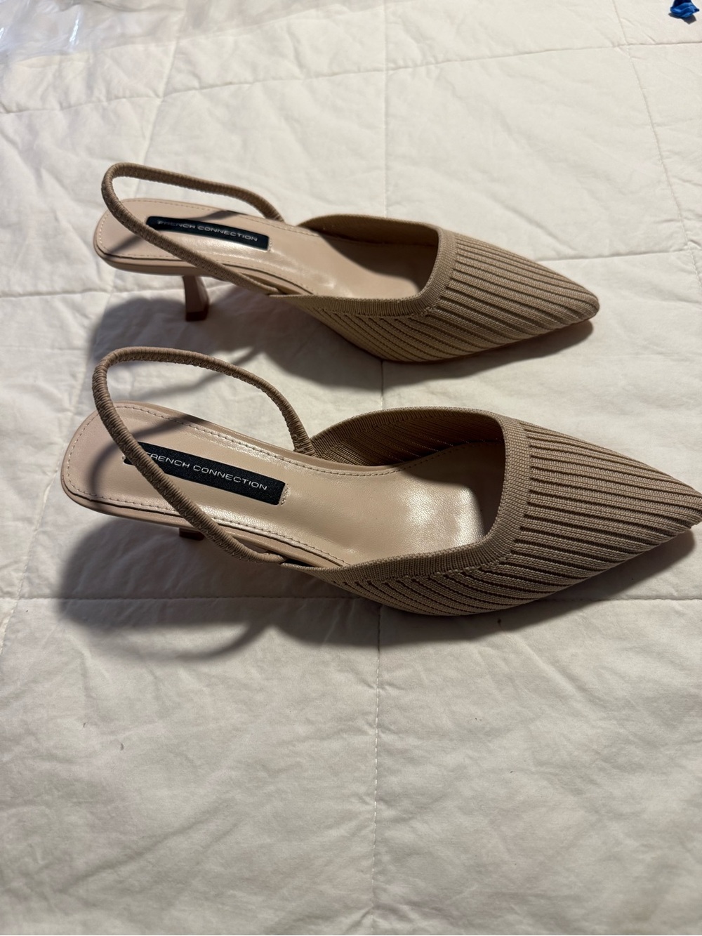 French Connection Ribbed Pointed Slingback Mules in Beige Tan - Picture 2 of 4